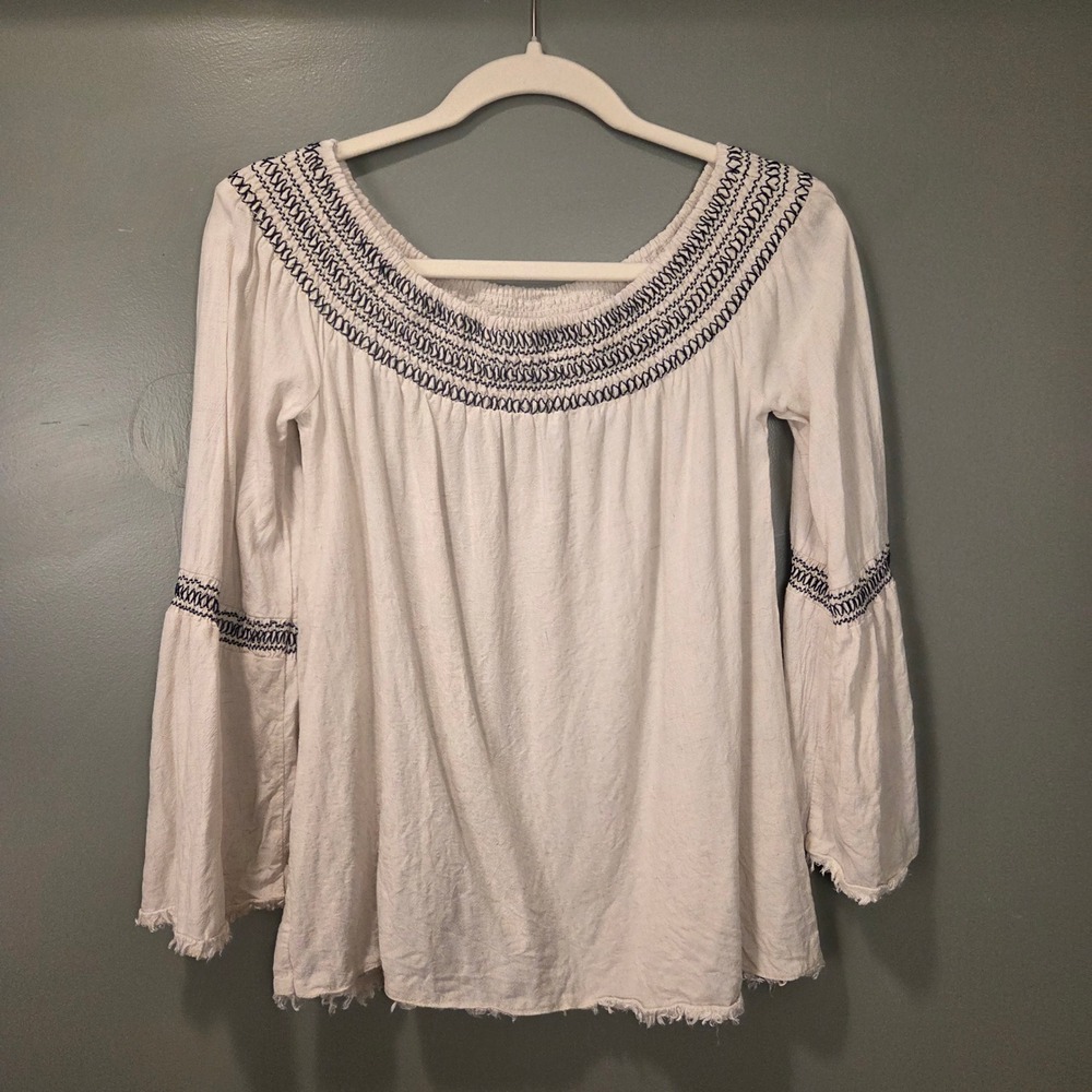 Braeve Women's Off Shoulder Boho Blouse Flare Sleeve Fringe, Size S, Ivory Black